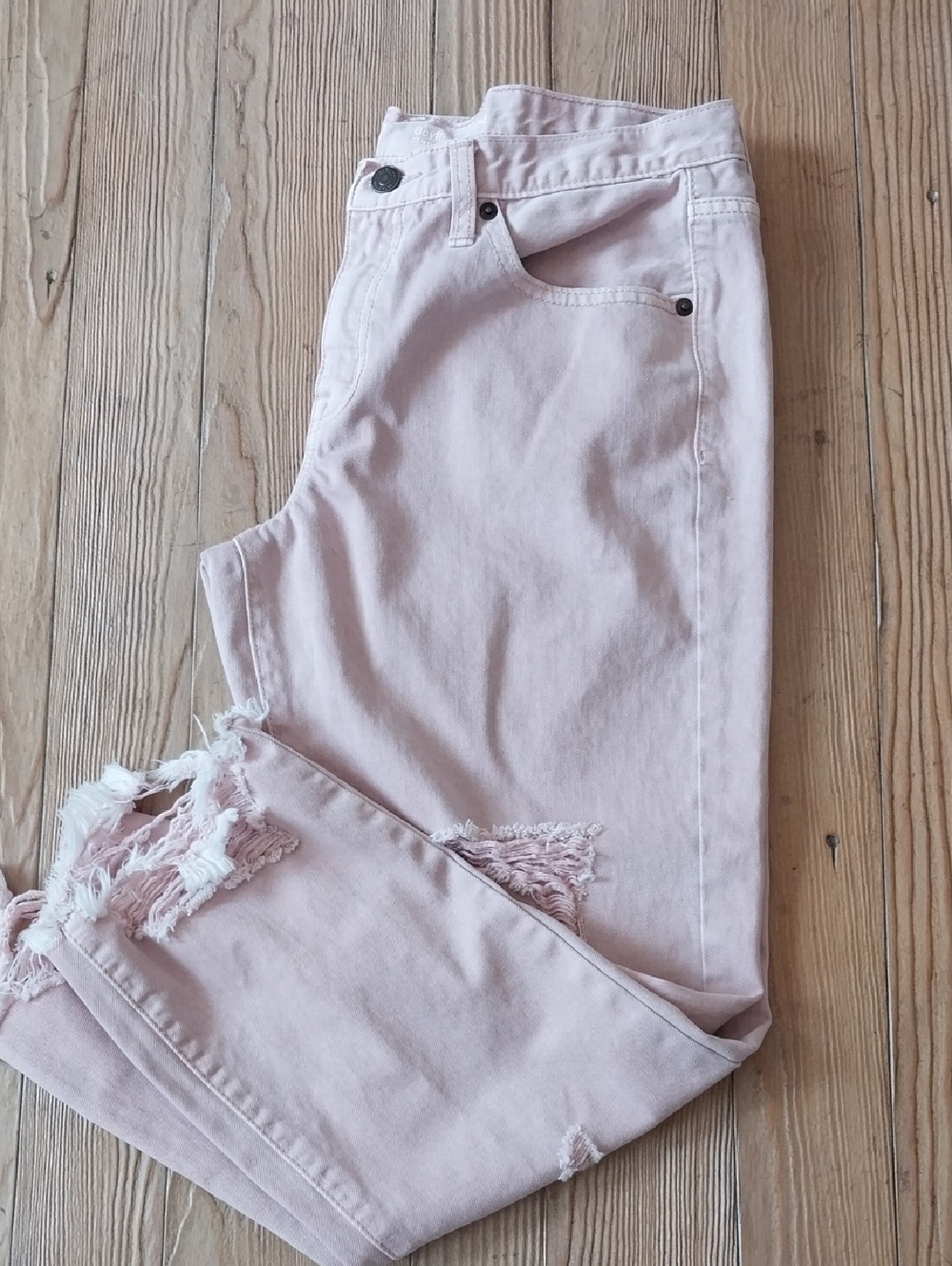 Soft Pink Distressed Boyfriend Jeans